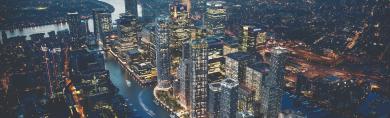 night aerial view of Canary Wharf