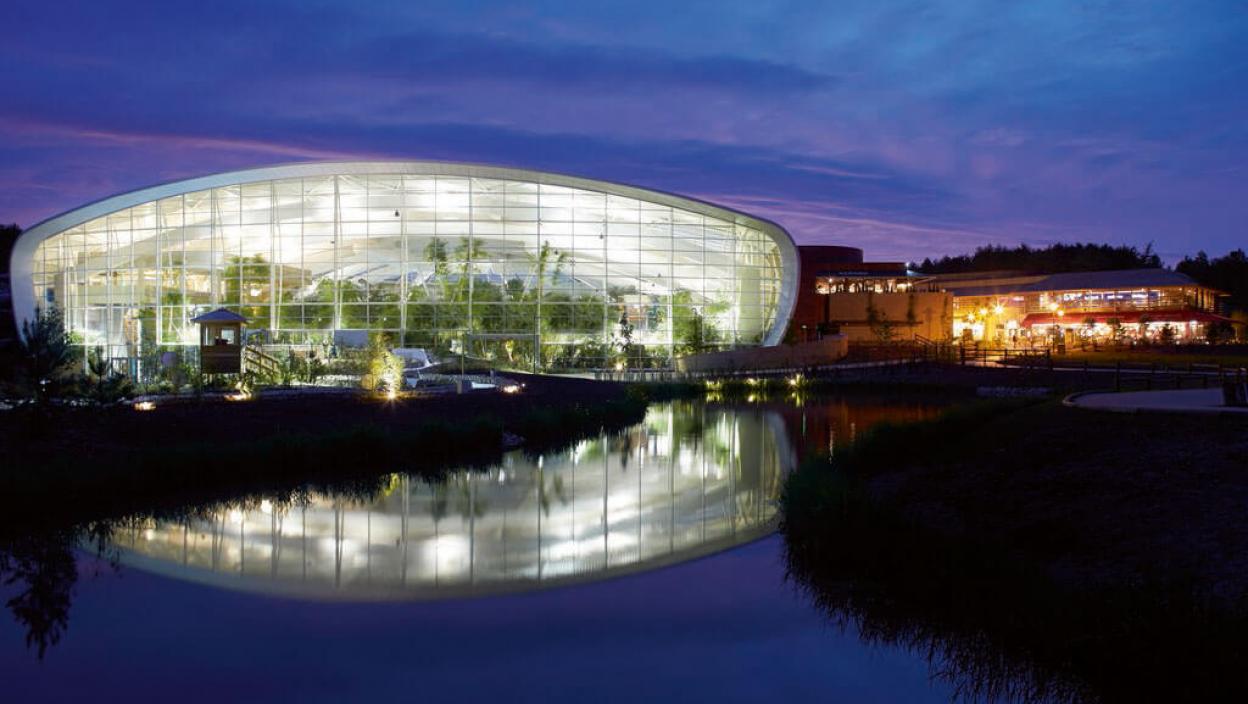 Night view of lake and holiday park meeting center