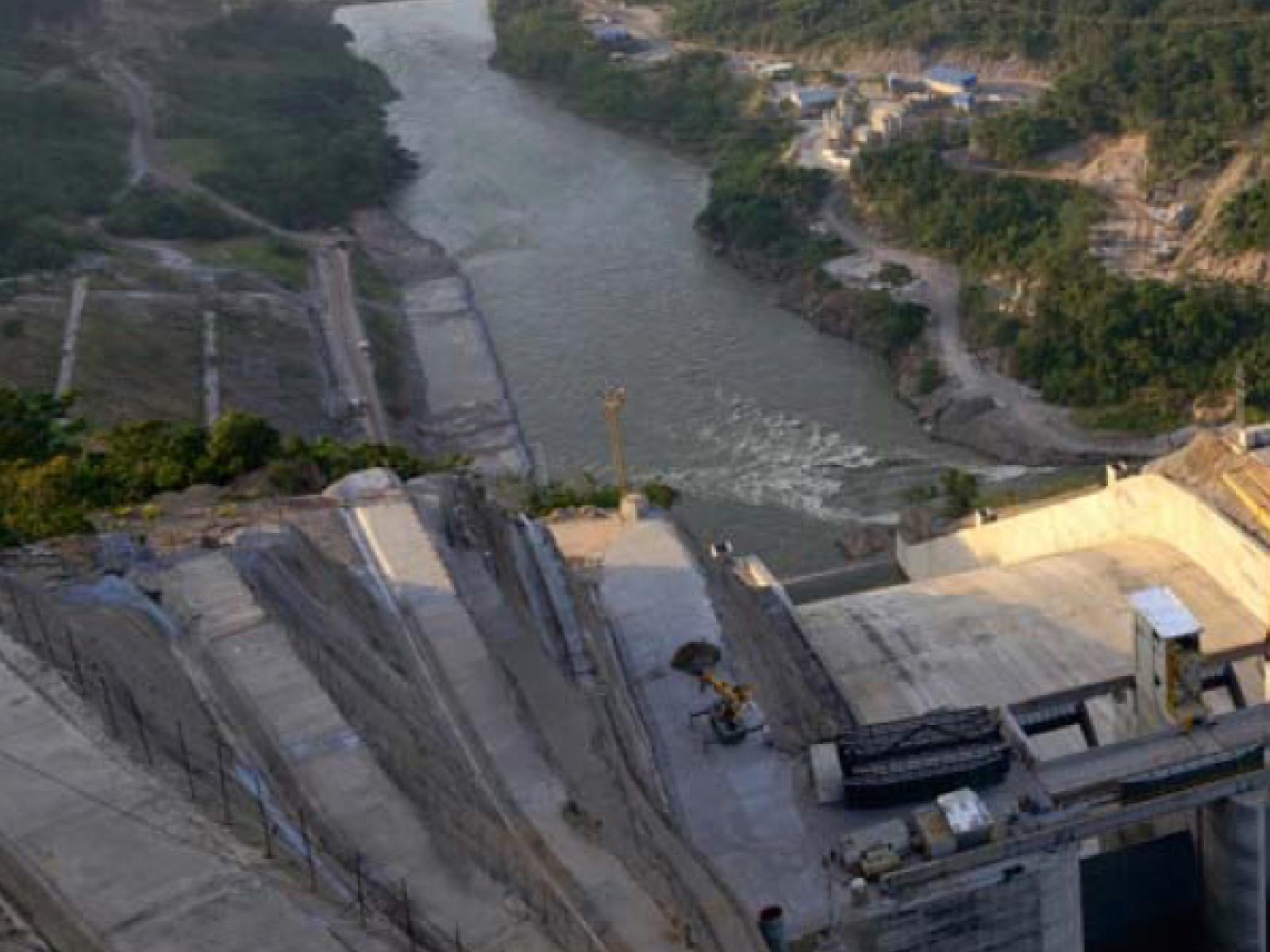 Isagen-Colombia Overhead view of river and hydroelectric power station