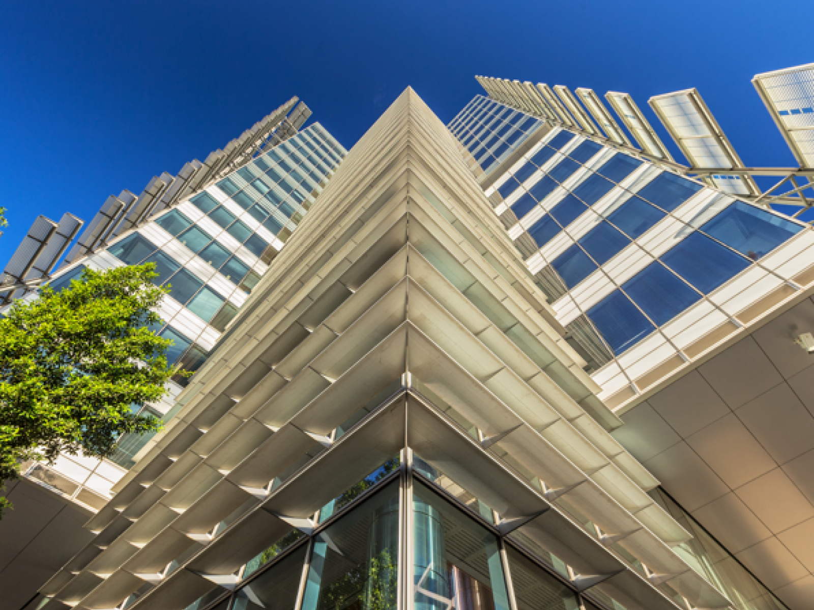 10 Shelly St, Sydney's Darling Park High-rise Sydney office building looking up from street level; blue sky in background