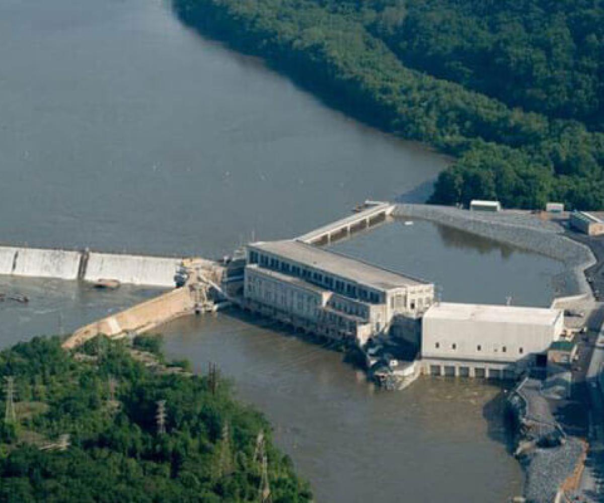 view of hydro facility near two small river islands